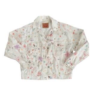Levi's Trucker Jacket White Doodle Print - Women's Medium, Like New
